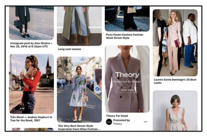 Theory ad in Pinterest feed maximizing creative production dollars, seamlessly blending with inspiring images.