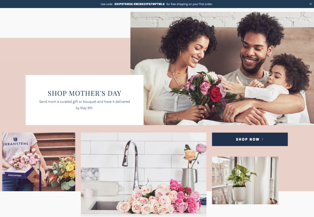 Screenshot from the urbanstems homepage showcasing multiple different types of product imagery.