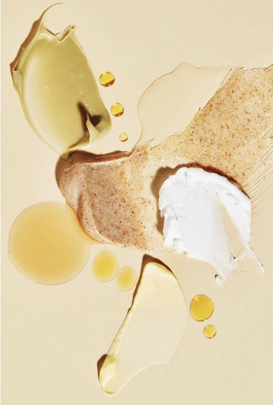 Editorial beauty texture photograph showcasing swipes, smudges, and product for skincare and makeup brands