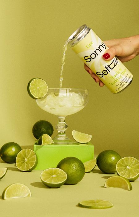 Editorial marketing still life photo of lime-flavored Sonny Seltzer