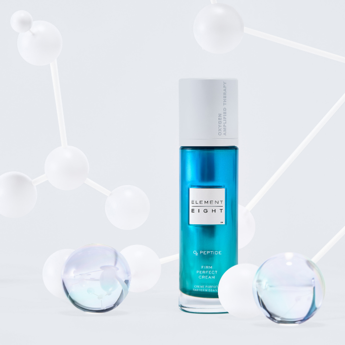 Elevated e-commerce beauty skincare editorial still life of Element Eight O2 Peptide Cream with molecule prop