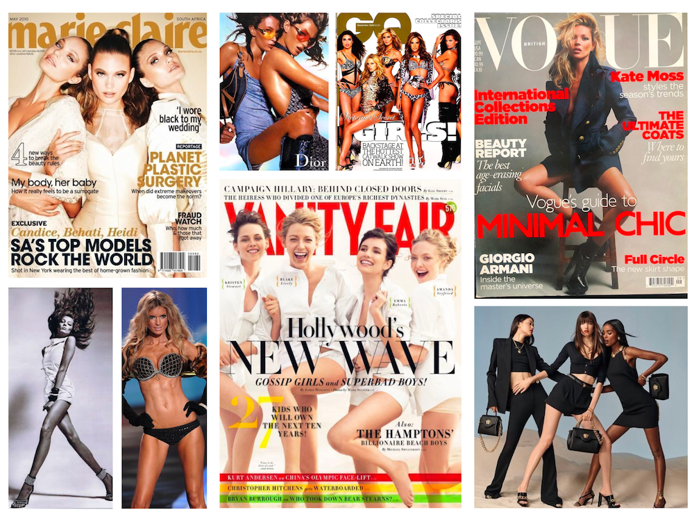 Array of magazine covers highlighting high fashion and celebrity culture, contrasting with the inclusive approach of diverse model casting.
