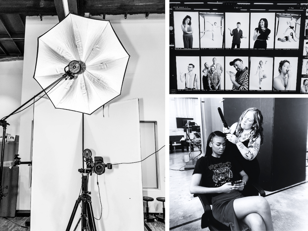 behind-the-scenes at a photo studio showcasing diverse model casting, with professional lighting equipment and a camera set up for a fashion shoot.