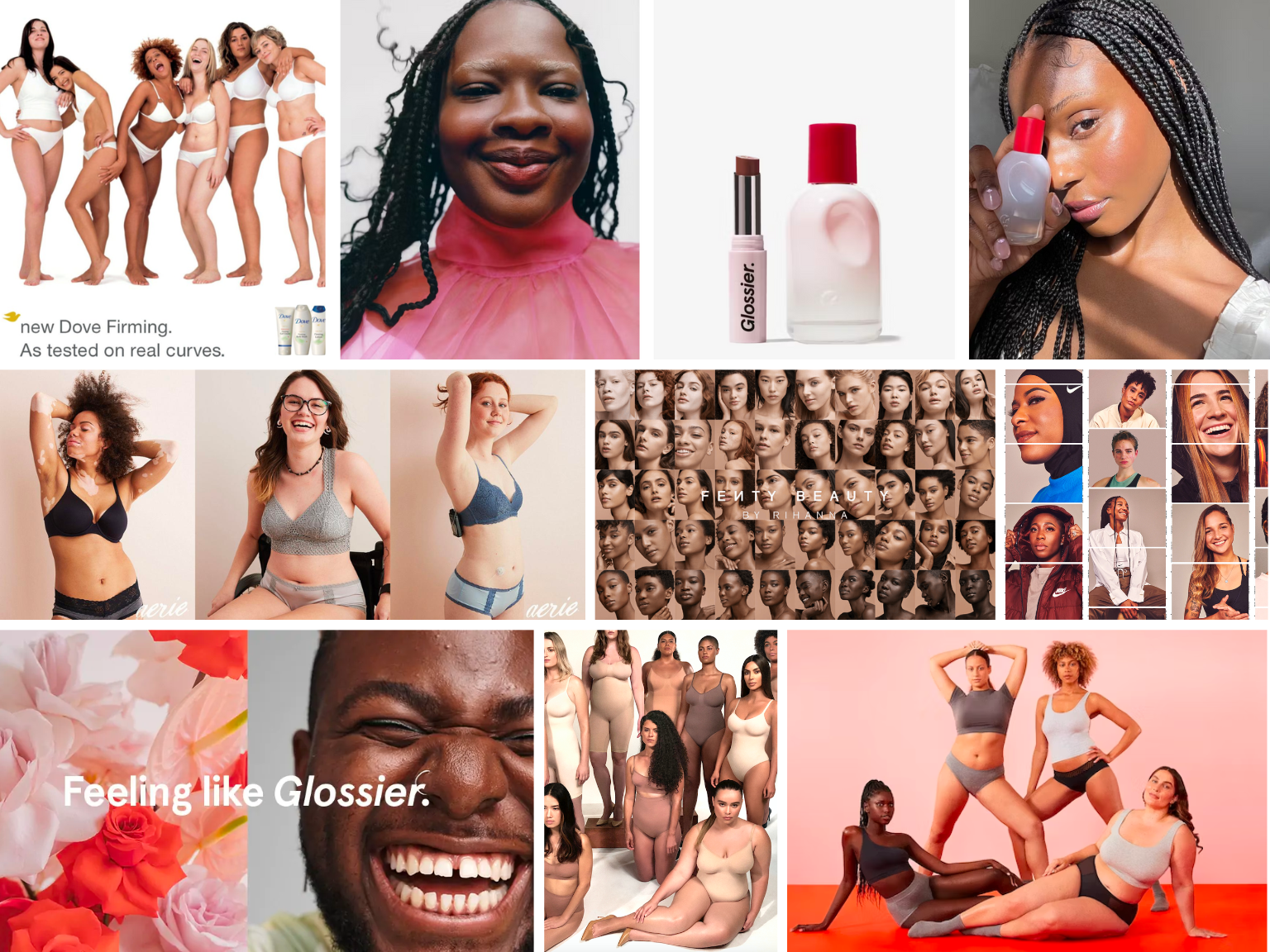 Collage of diverse model casting in e-commerce, featuring a variety of models in inclusive fashion and beauty campaigns