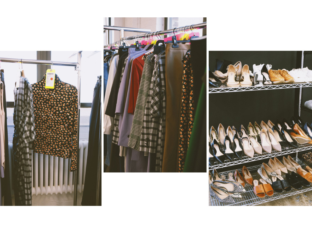 Racks of clothing and rows of shoes arranged neatly, prepared for an e-commerce photoshoot.