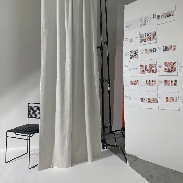 Storyboard wall setup with printed visuals, illustrating the creative direction process for e-commerce shoots